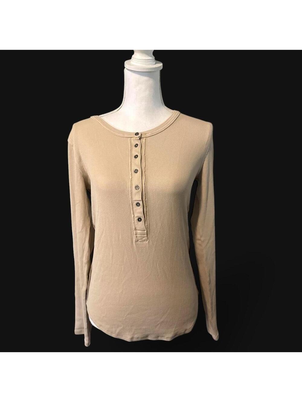 We The Free Beige Ribbed Henley Long Sleeve Top Size L Free People